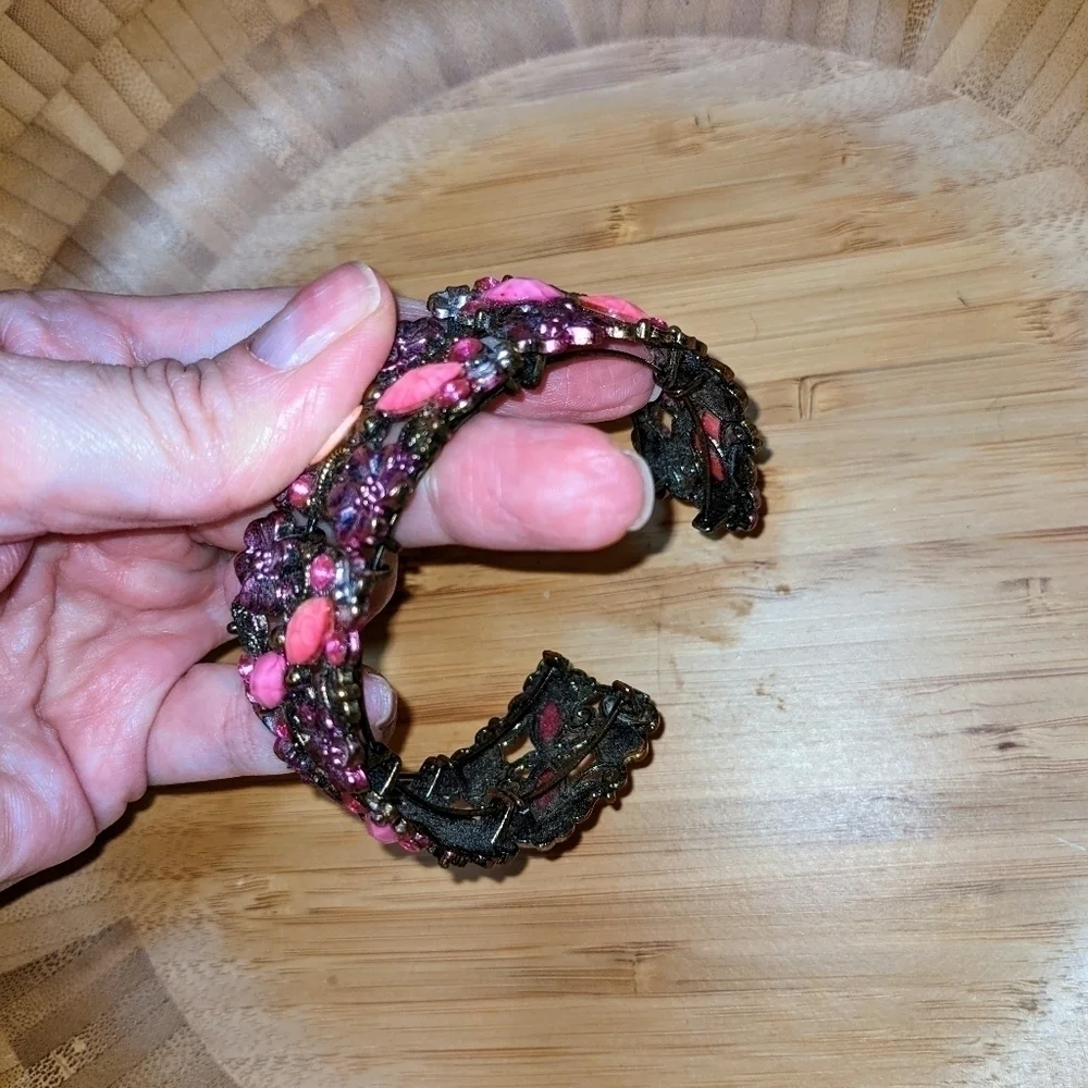 Vintage Pink Metal Floral Hinged Bracelet